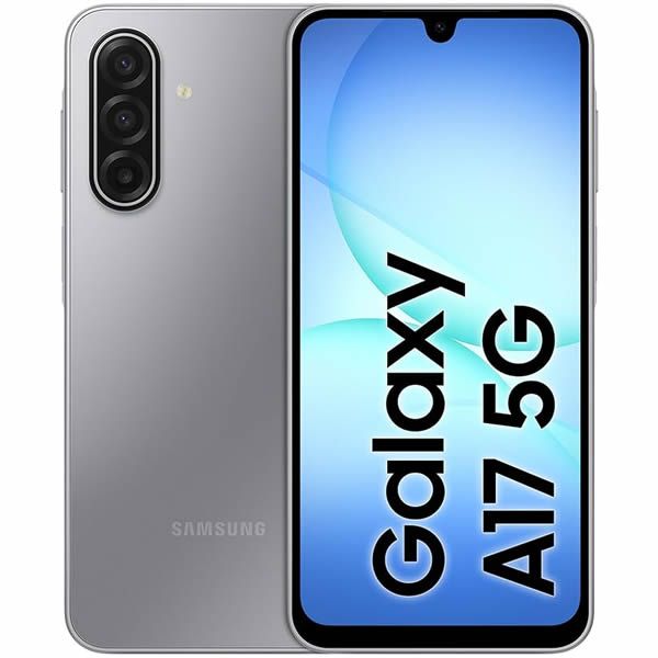 Smartphone Samsung Galaxy A17 5G, parte trasera y frontal grises con fondo de pantalla azul.