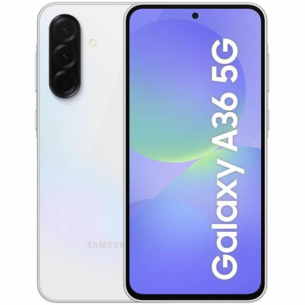 Smartphone Samsung Galaxy A36 5G en color blanco, mostrado de frente y de espaldas con la pantalla encendida.