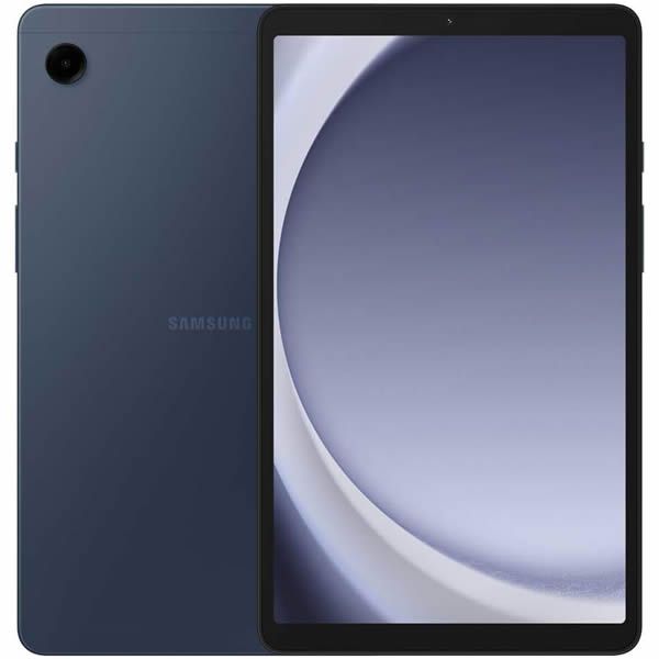 Vista frontal y posterior de una tableta Samsung azul oscuro con pantalla negra.