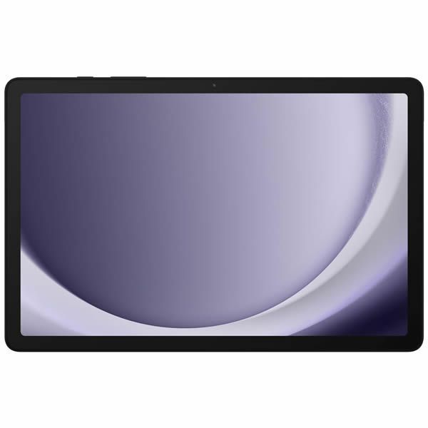 Tableta negra con un fondo de pantalla abstracto morado.
