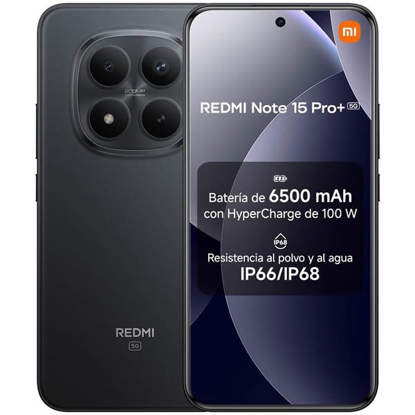 Smartphone Xiaomi Redmi Note 15 Pro+ negro, vista frontal y trasera, con texto en español y módulo de cámara cuádruple.