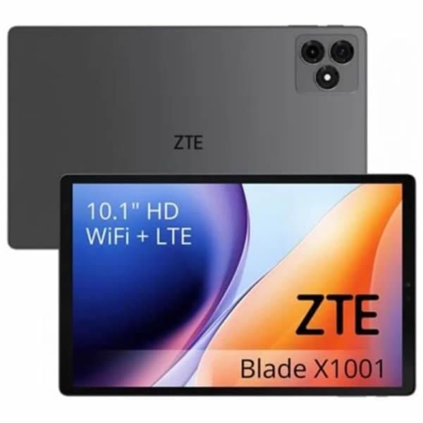 Tableta ZTE Blade X1001, vista frontal y trasera, color gris con pantalla HD de 10,1 pulgadas, Wi-Fi + LTE.