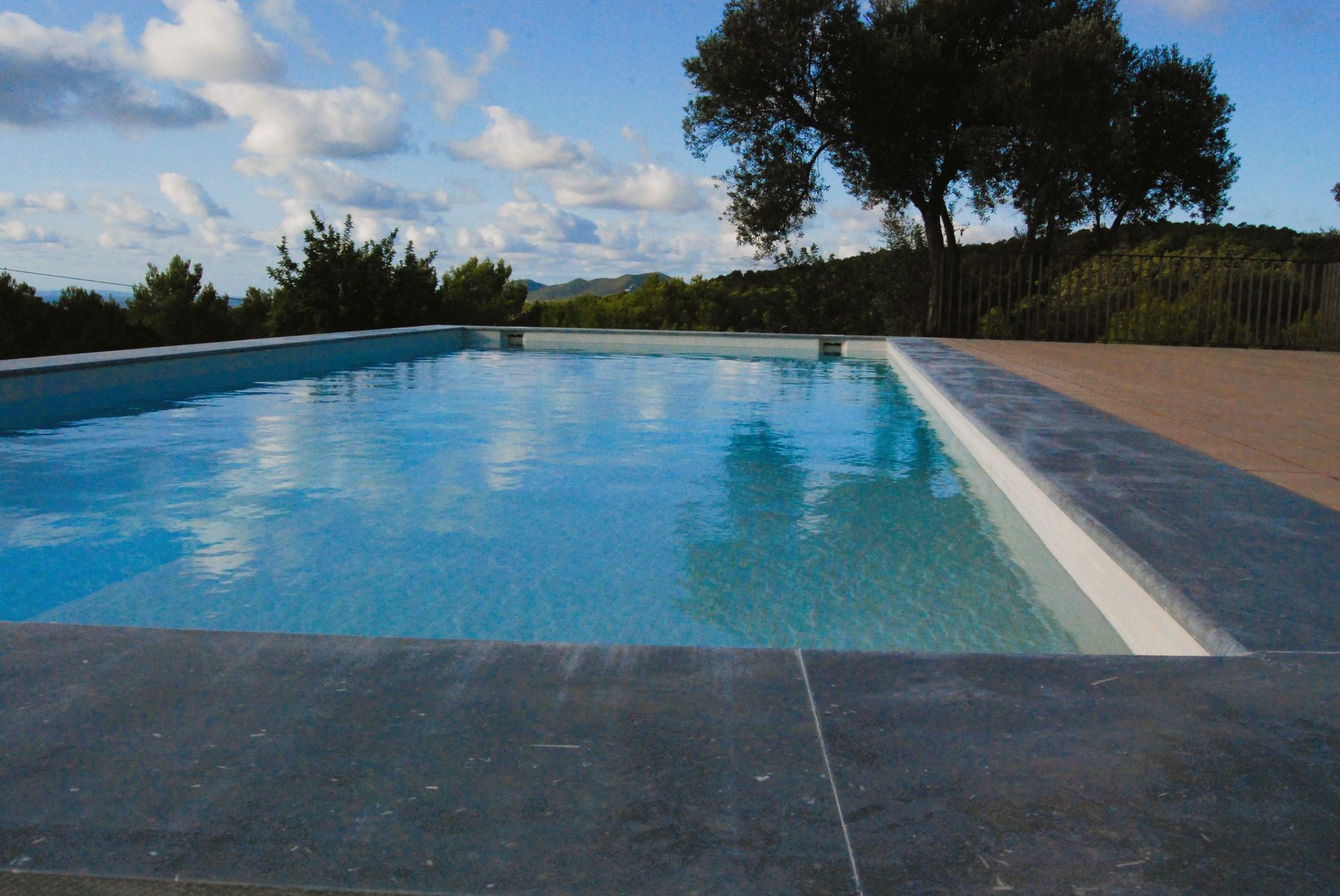 Una gran piscina con árboles al fondo.