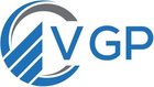 Logo VGP bleu et gris, avec des rayures circulaires stylisées et des lettres