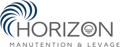 Logo de Horizon Manutention & Levage avec une spirale bleue stylisée et un texte gris sur fond blanc