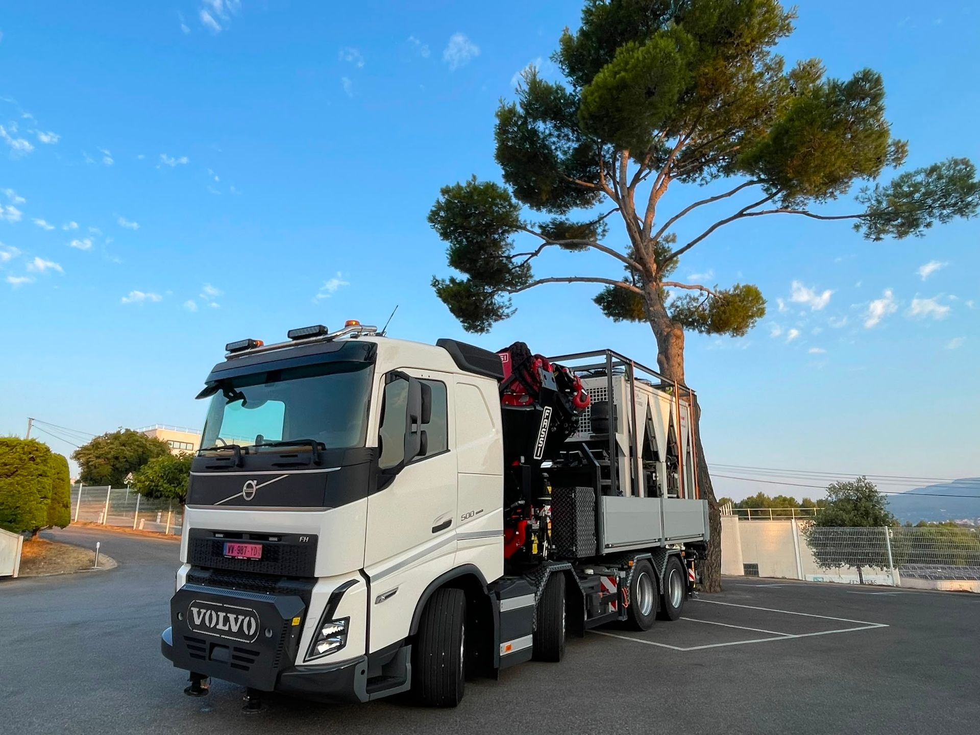 Camion plateau blanc stationné au bord de la route sous un grand pin par une journée ensoleillée