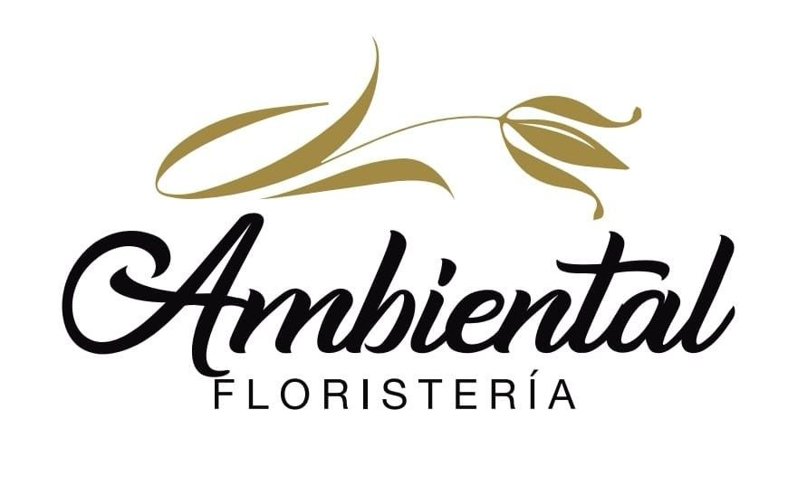 Logotipo para "Ambiental Florister&iacute;a" con un dibujo floral estilizado en dorado sobre un elegante texto en cursiva y may&uacute;sculas en negro.