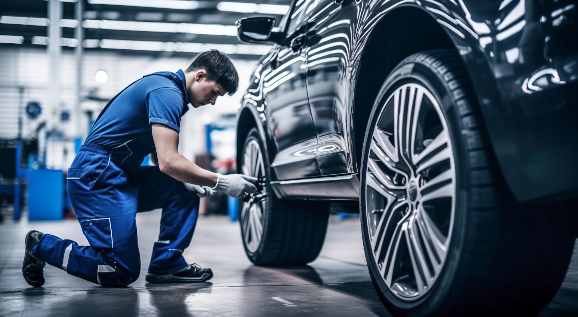 Un garagiste en combinaison bleue répare le pneu d'une voiture