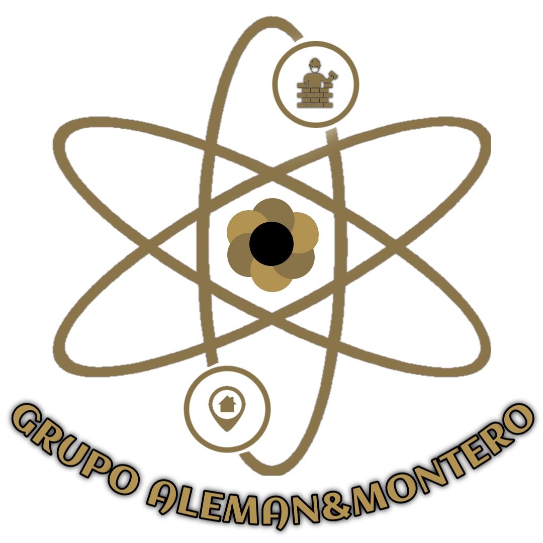 Logotipo: Átomo con edificio, pin de ubicación y texto "Grupo Alemán & Montero".