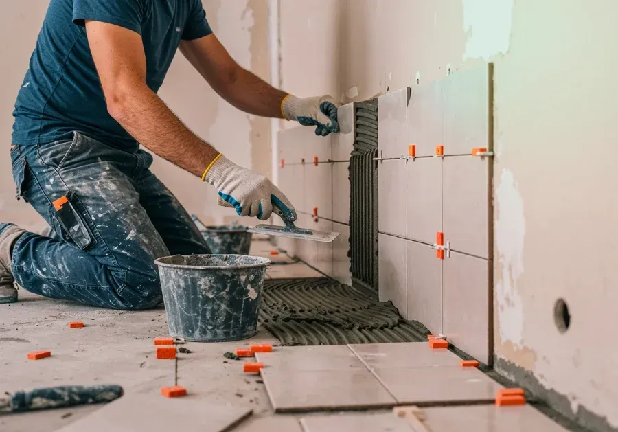 Hombre colocando baldosas en una pared, utilizando una paleta, en una habitación en construcción.