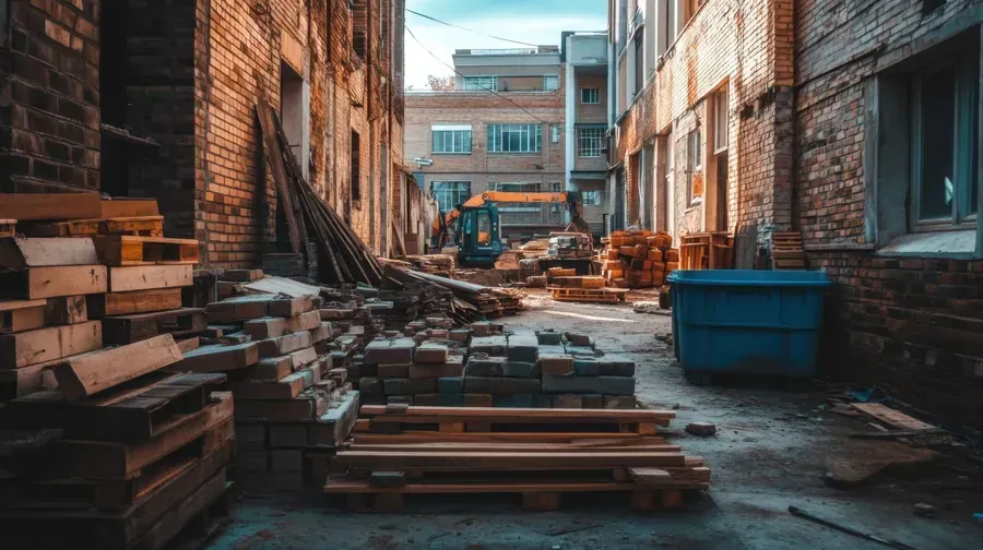 Materiales de construcción en un callejón estrecho entre edificios de ladrillo, con una excavadora al final.