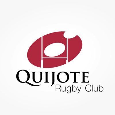 Logotipo del Quijote Rugby Club: óvalo rojo con porterías de rugby y pelota, texto negro sobre blanco.