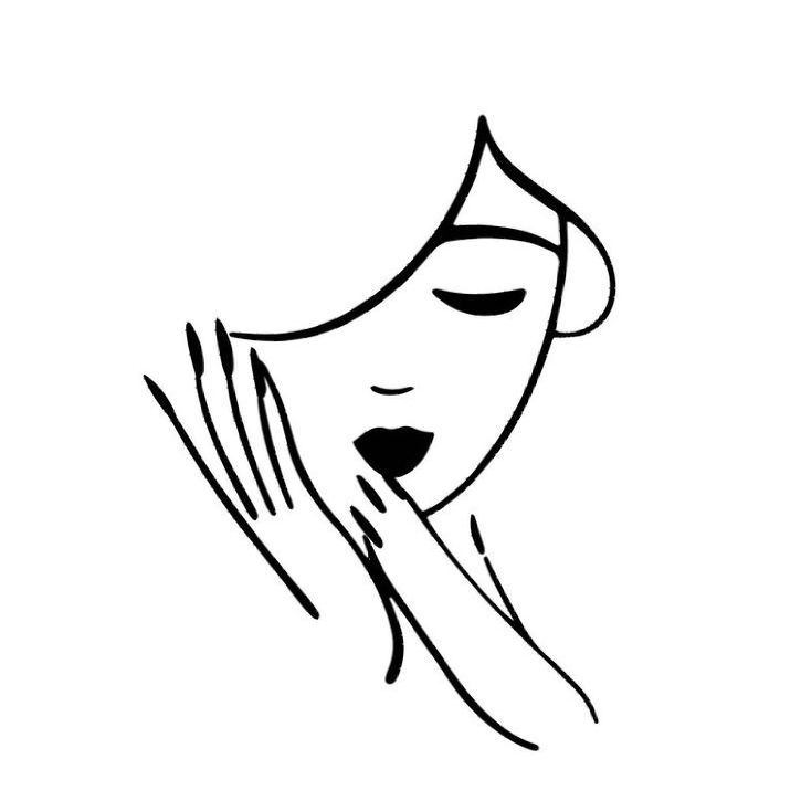 Un dibujo en blanco y negro de una mujer tapándose la boca con la mano.
