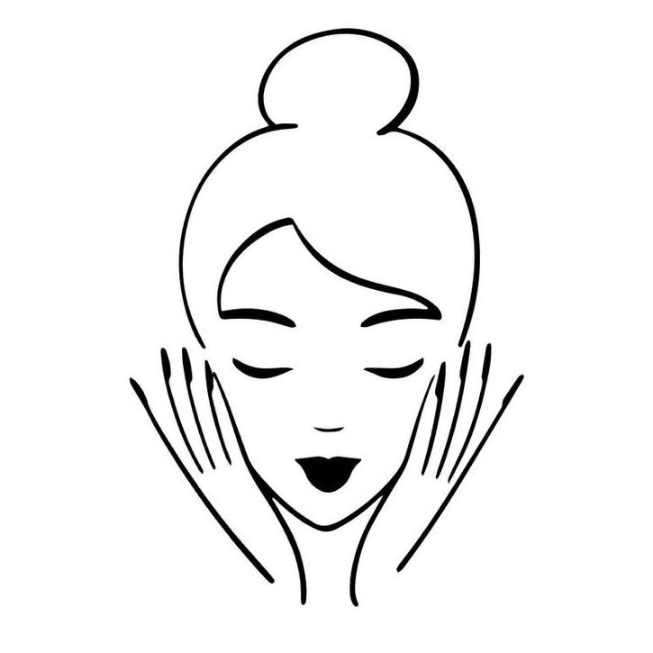 Un dibujo en blanco y negro de una mujer lavándose la cara con las manos.