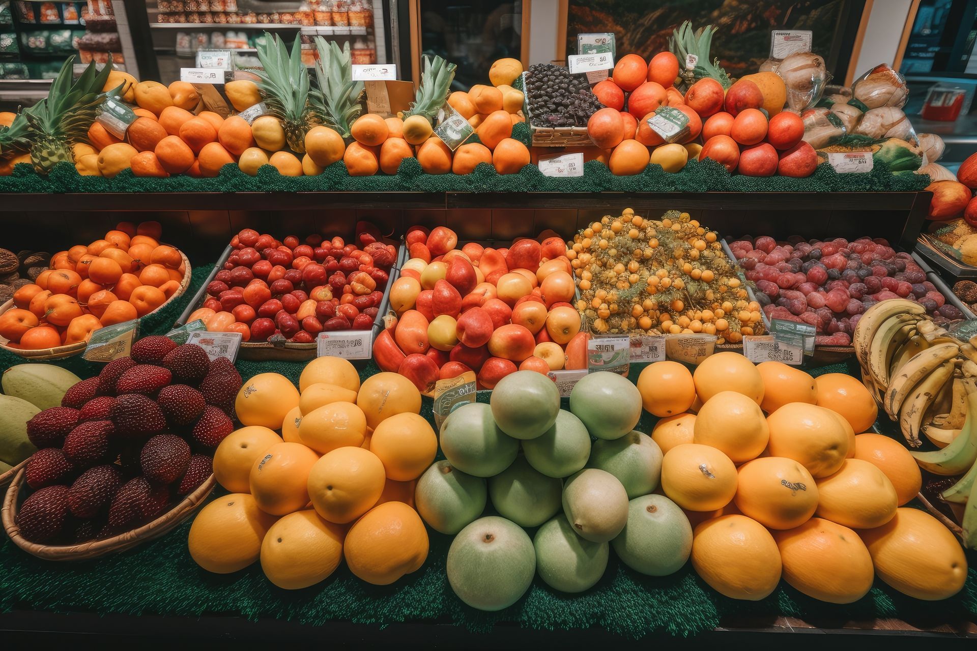 Puesto de productos con diversas frutas de colores: naranjas, bayas, plátanos, piñas, uvas.