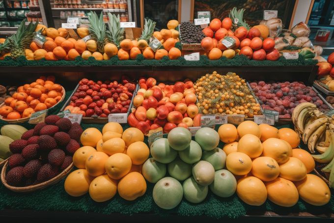Puesto de productos con diversas frutas de colores: naranjas, bayas, plátanos, piñas, uvas.