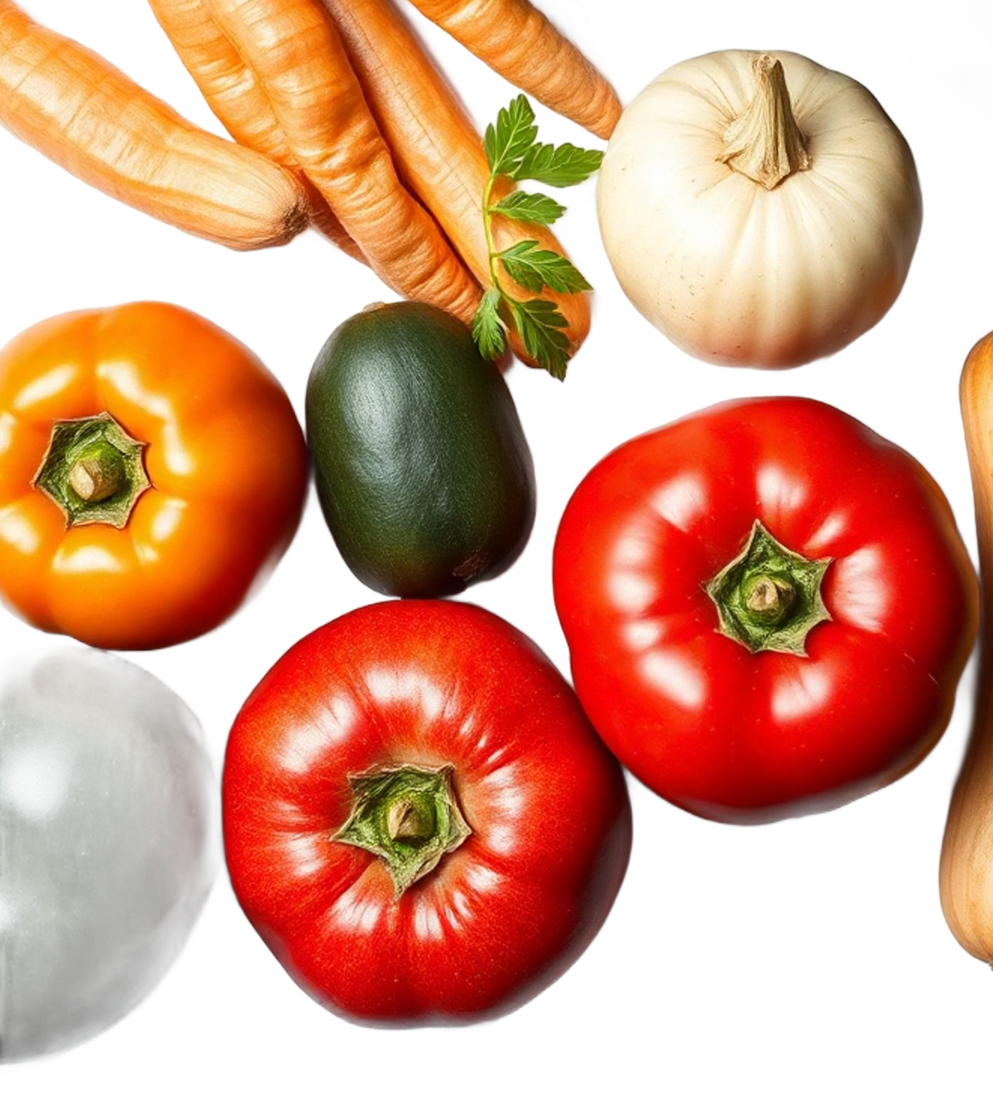 Zanahorias, pimiento naranja, aguacate, tomates, calabaza, calabaza moscada y perejil sobre un fondo blanco.