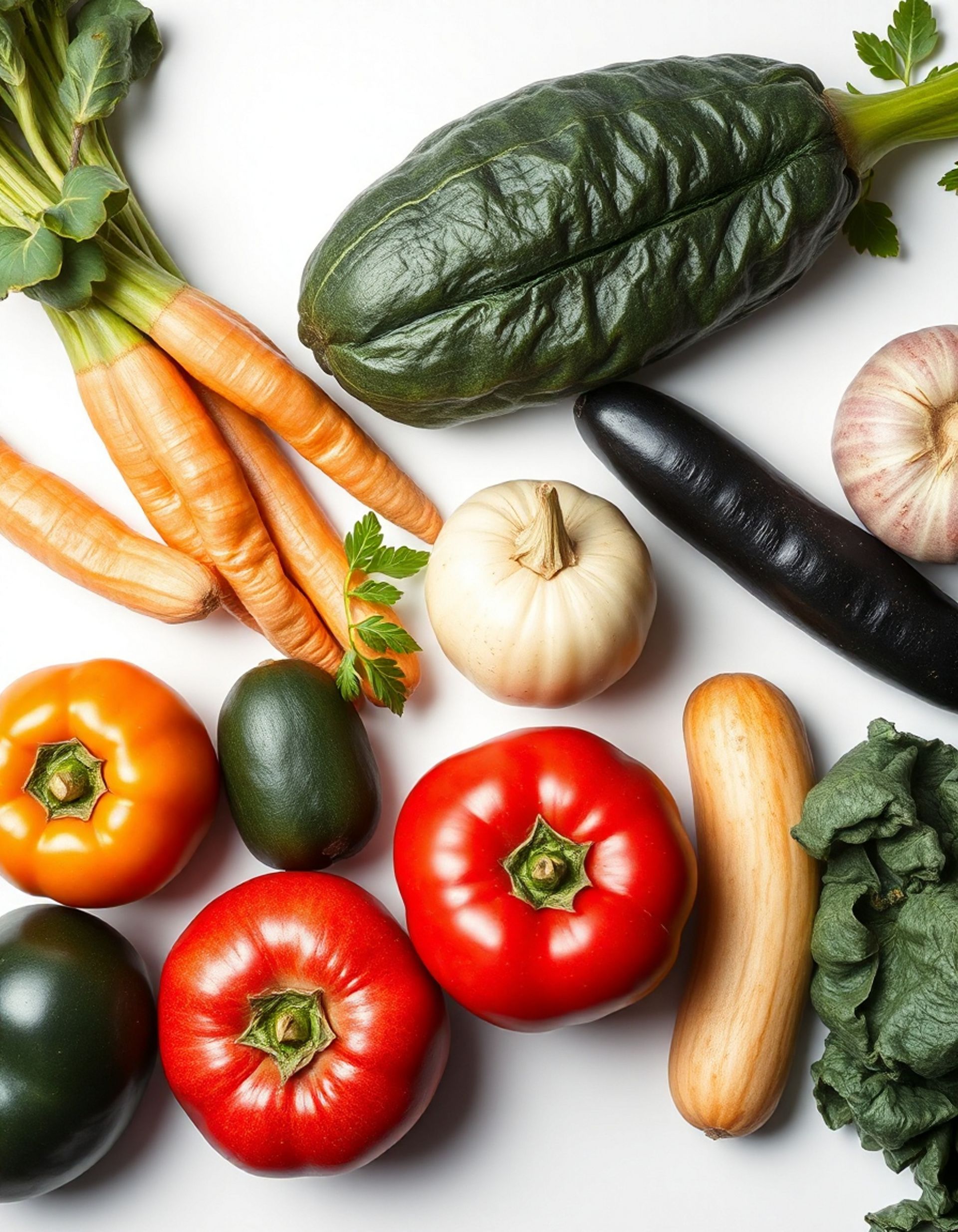 Fotografía cenital de varias verduras frescas y coloridas: zanahorias, tomates, calabazas, berenjenas, aguacates y ajo.