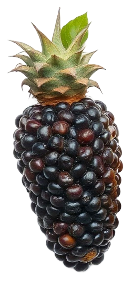 Una fruta híbrida parecida a una mora con una piña en la parte superior. Las bayas son de color morado oscuro y marrón.