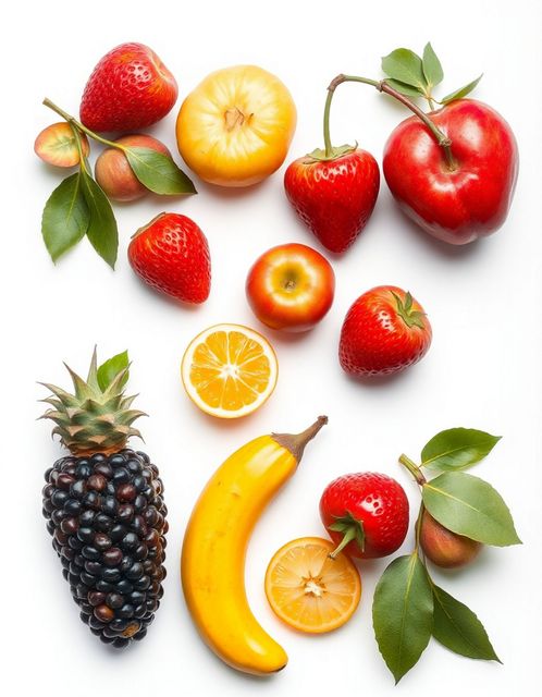 Frutas variadas dispuestas sobre una superficie blanca, incluidas fresas, manzanas, rodajas de naranja, plátano y piña.