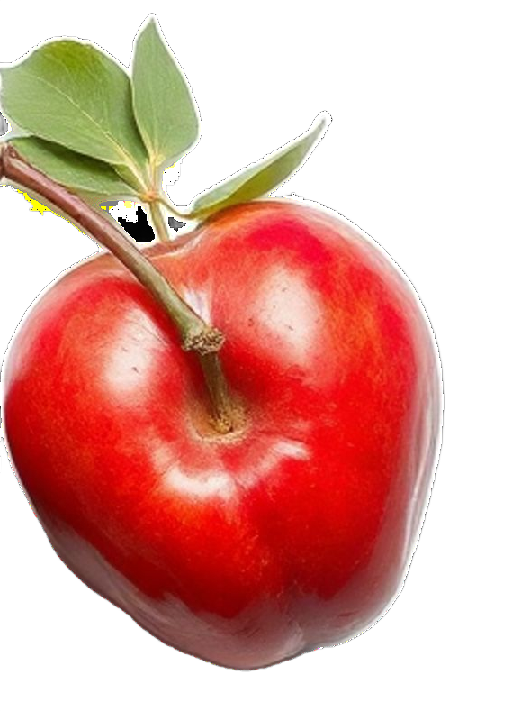 Manzana roja con hojas verdes unidas a un tallo marrón.