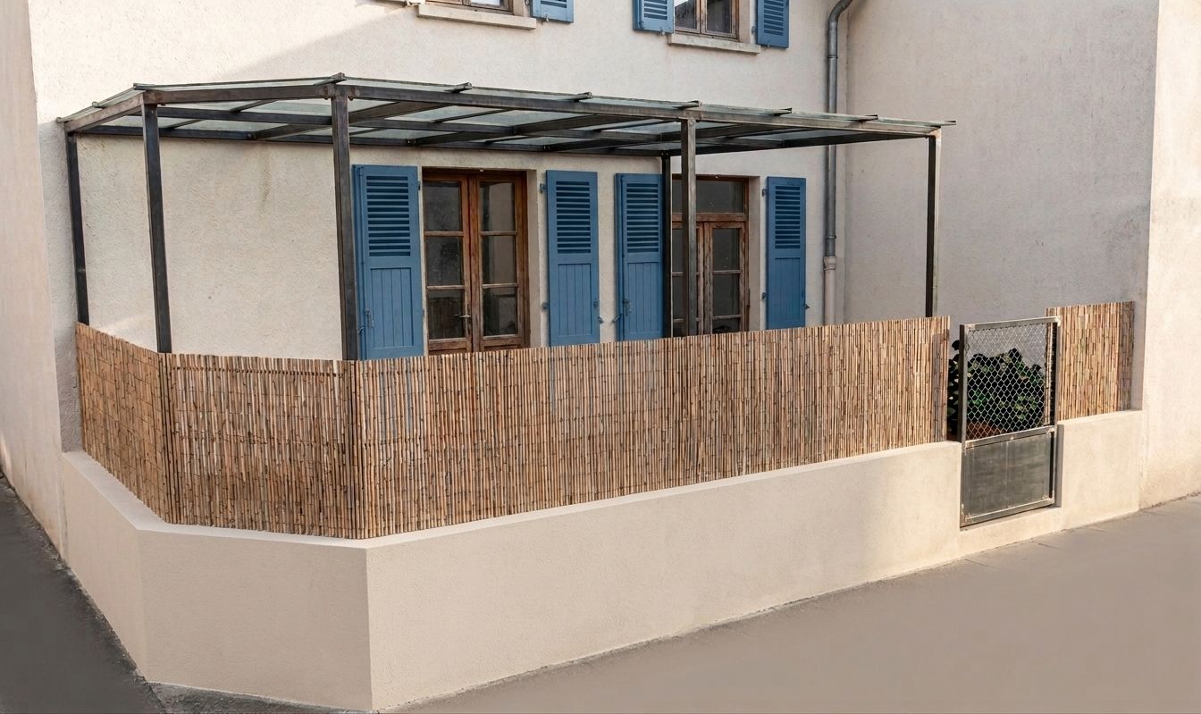 Terrasse couverte et clôture en bambou, vue depuis la rue