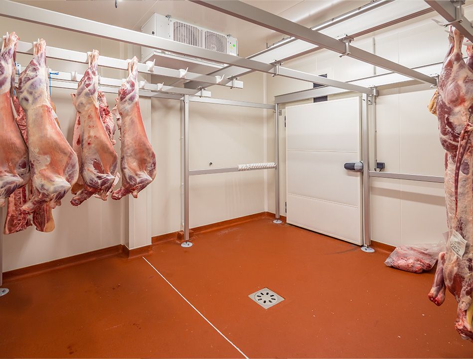 Chambre froide contenant des carcasses de viande