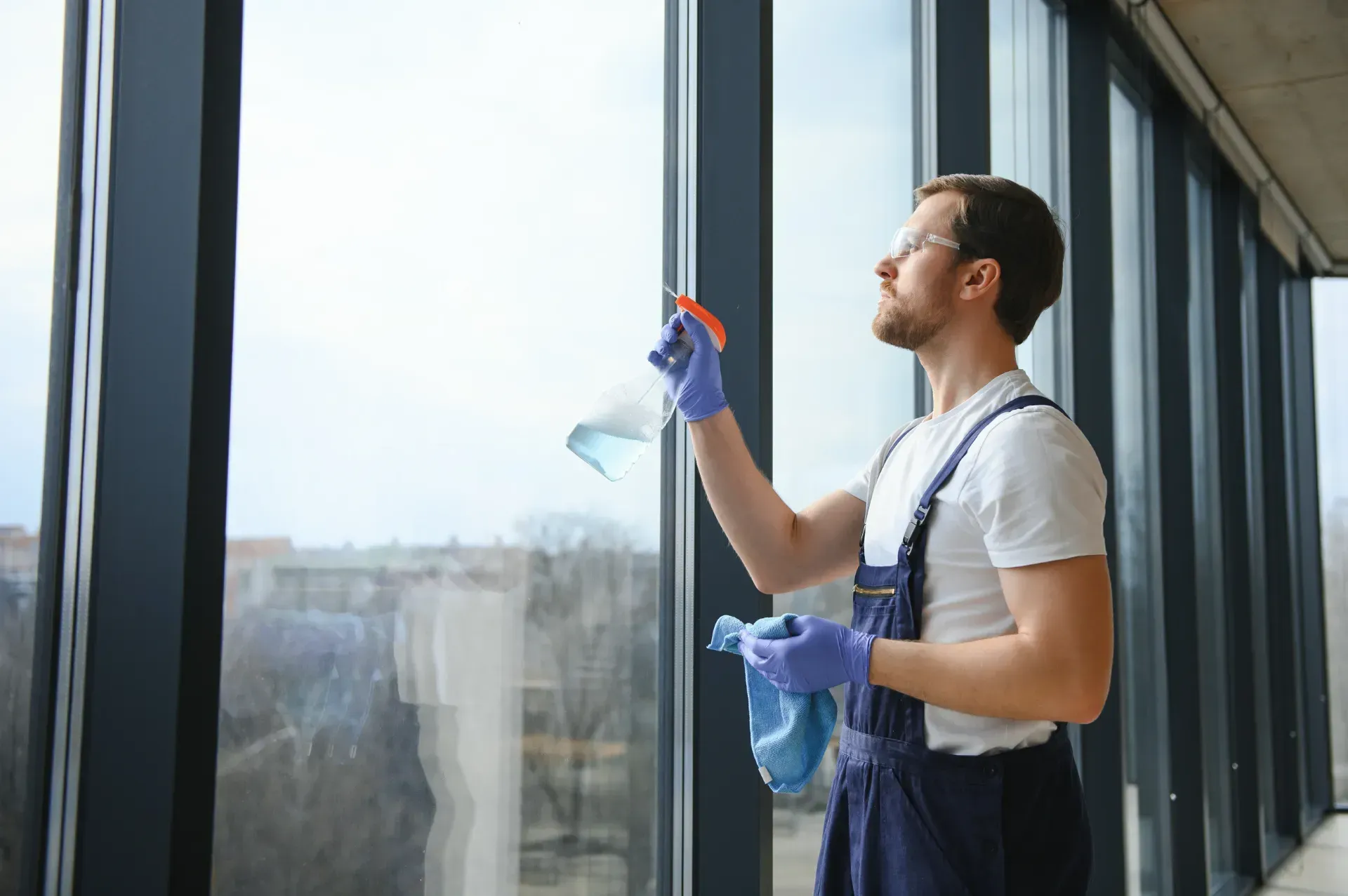 Un hombre está limpiando una ventana con una botella de spray y un paño.