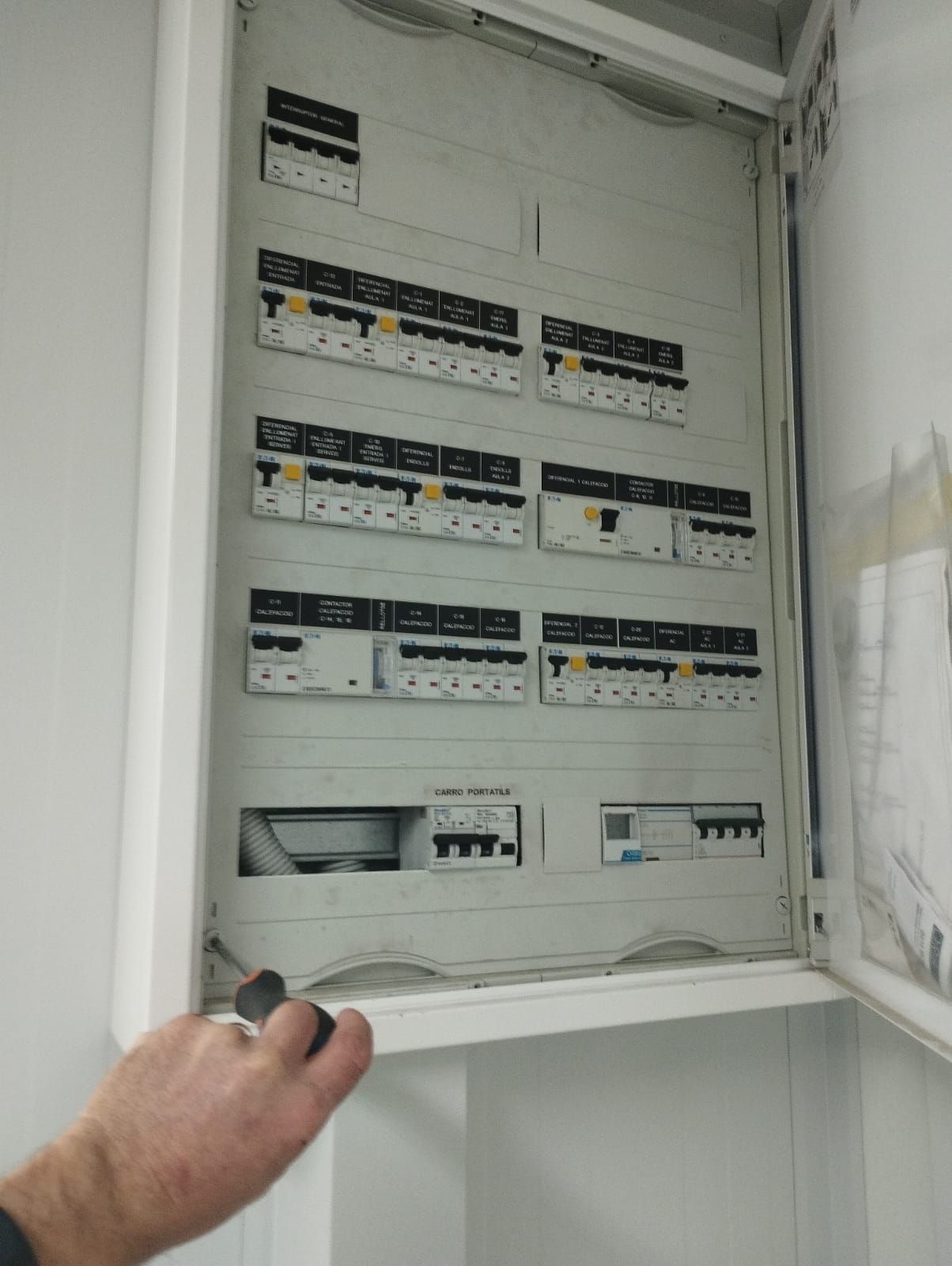 Una persona está abriendo una caja eléctrica con un destornillador.