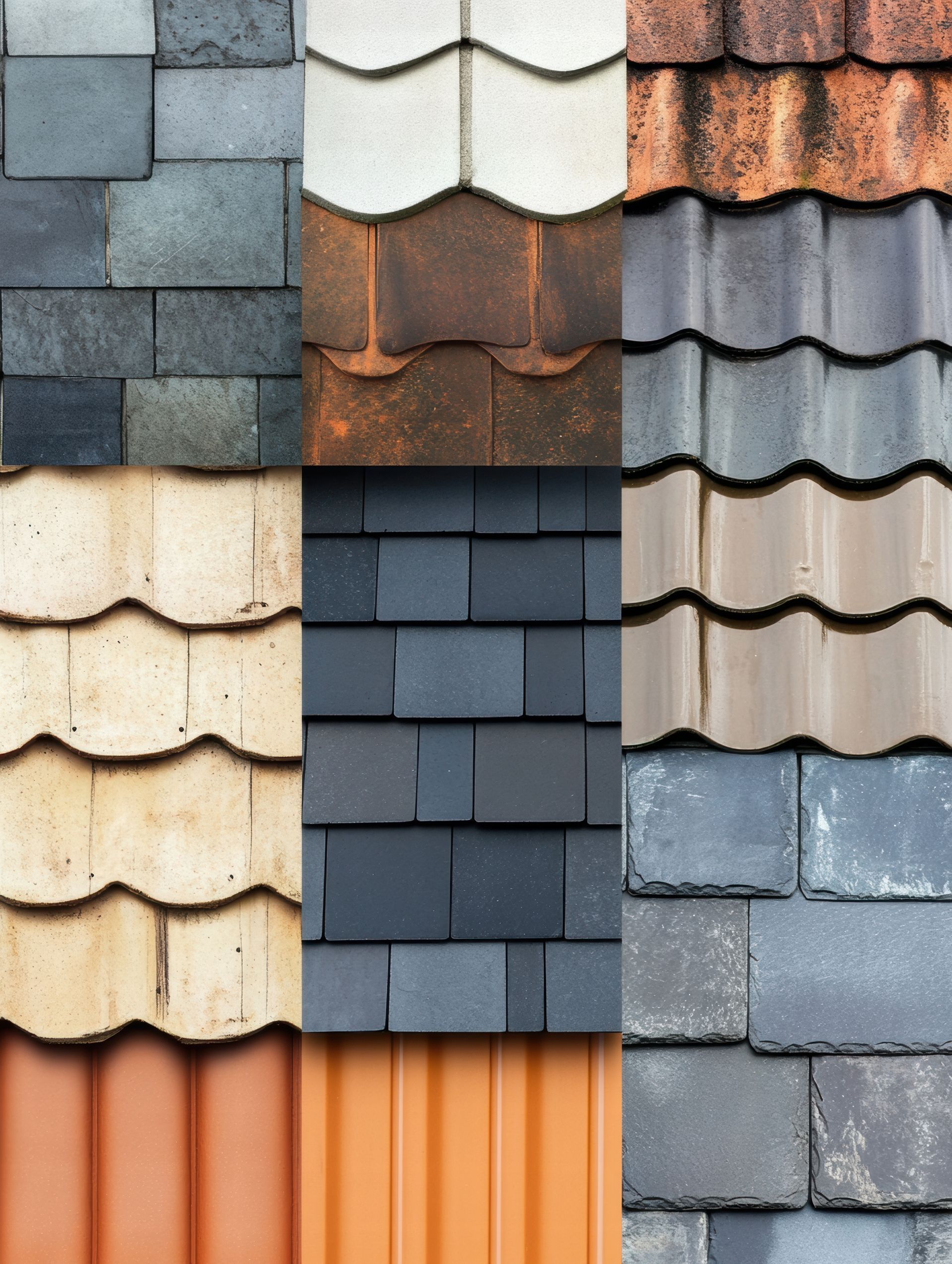 Assortiment de textures et de couleurs de tuiles : gris, marron, orange et beige.