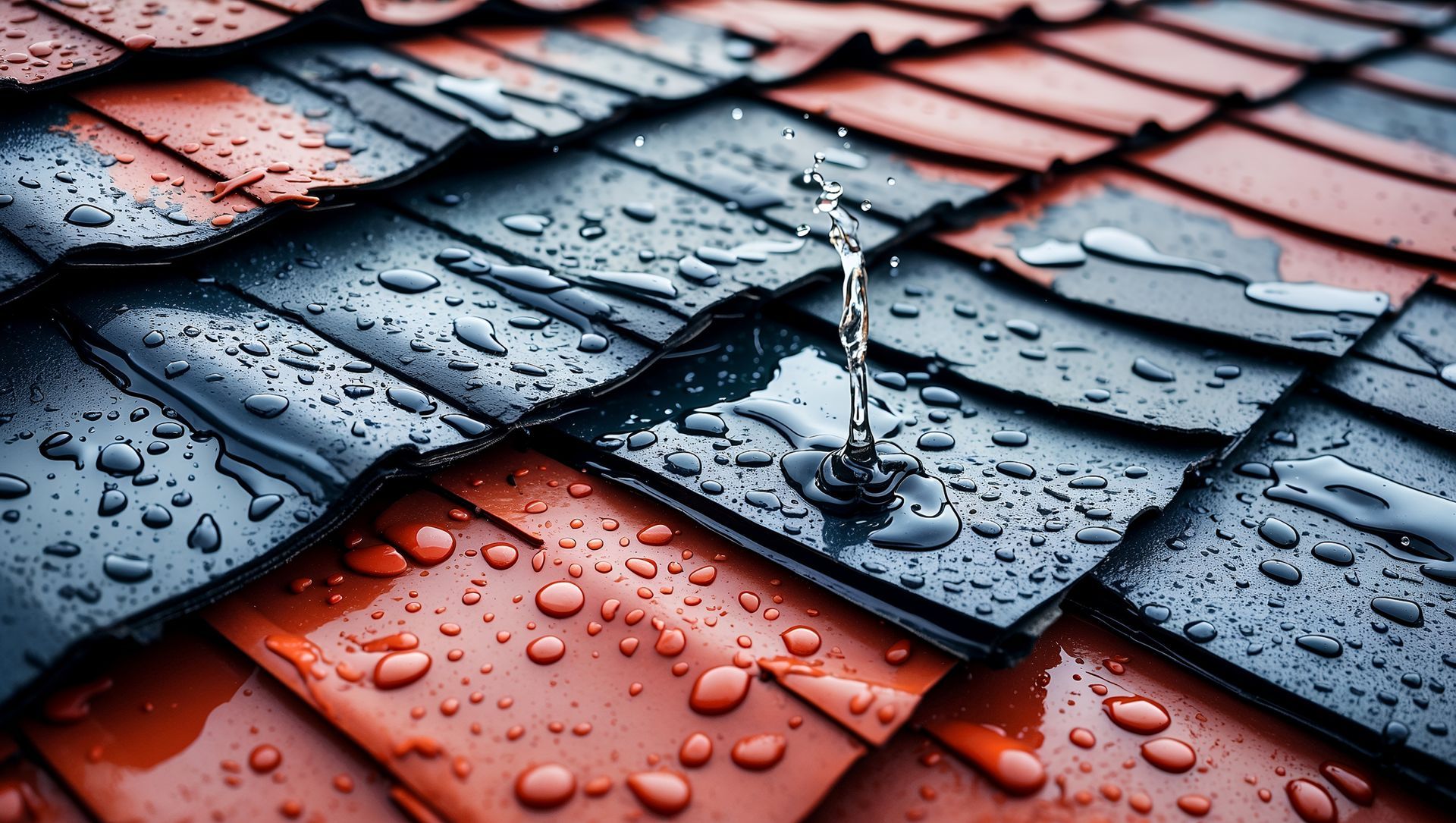Gouttes de pluie sur des tuiles orange et bleue.