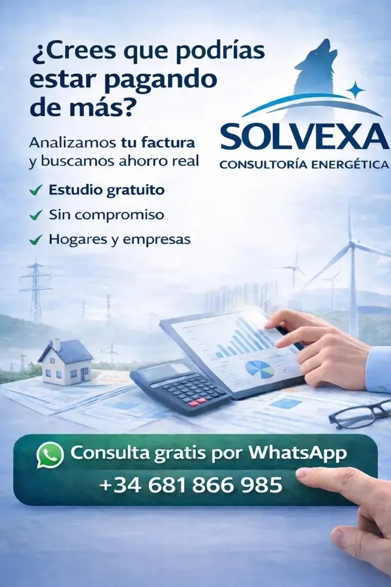Anuncio de consultoría energética Solvexa. Verde y azul con texto, calculadora, tableta y una mano.