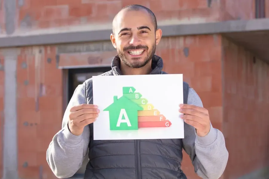 Hombre sosteniendo un cartel de eficiencia energética con clasificación A frente a un edificio en construcción.