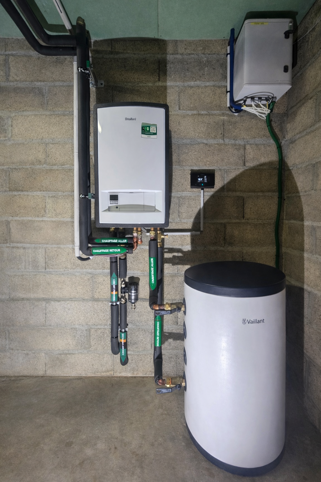 Un appareil de chauffage mural et un réservoir d'eau chaude installés contre un mur en parpaings dans un sous-sol.