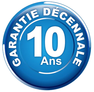 Une icône circulaire bleue avec un « 10 » blanc et le texte « GARANTIE DÉCENNALE » (garantie de 10 ans) sur le pourtour.