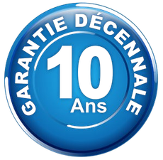 Une icône circulaire bleue avec un « 10 » blanc et le texte « GARANTIE DÉCENNALE » (garantie de 10 ans) sur le pourtour.