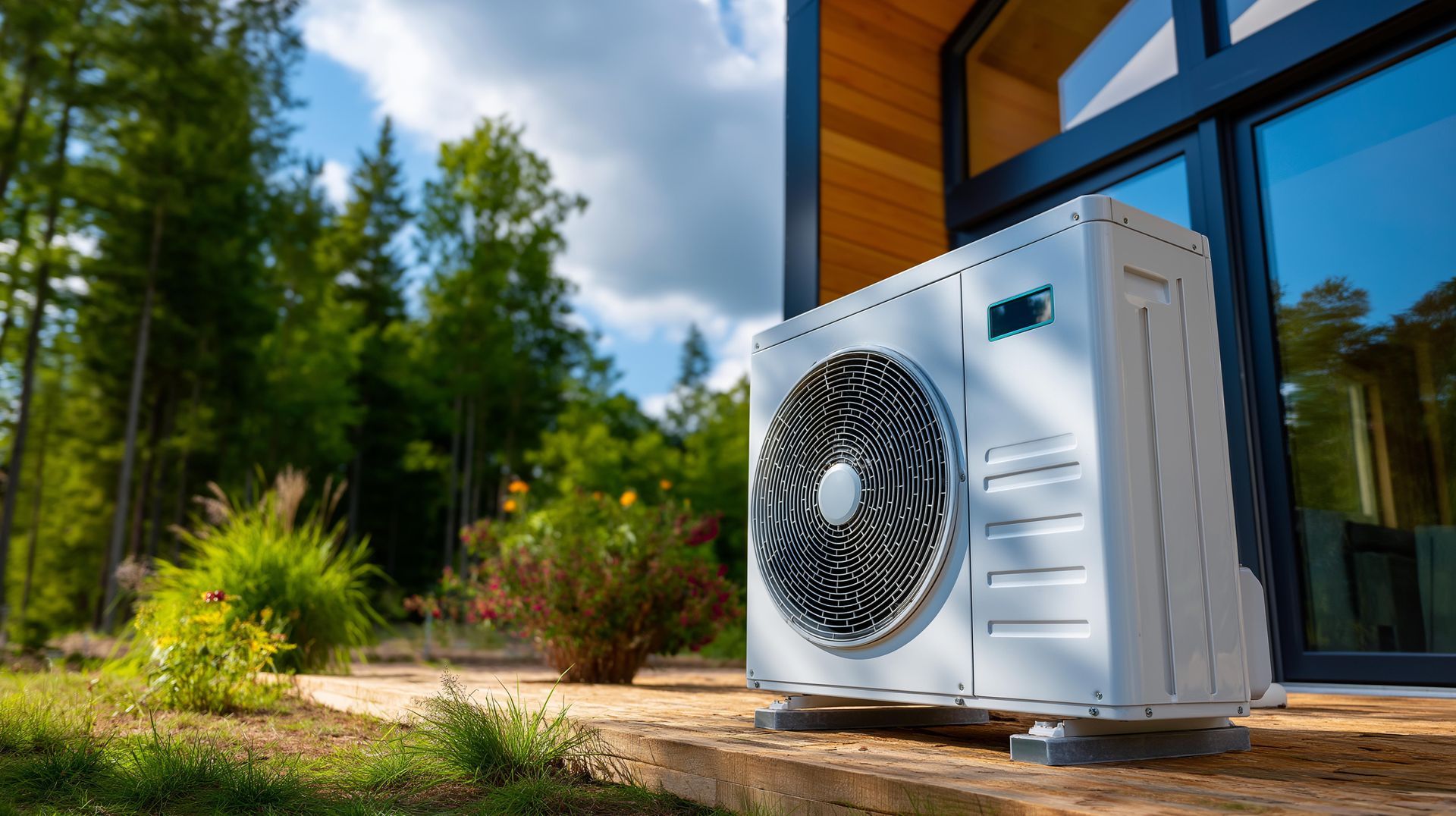 Une pompe à chaleur extérieure blanche est installée sur une terrasse à côté d'un bâtiment moderne, avec une forêt verdoyante en arrière-plan.