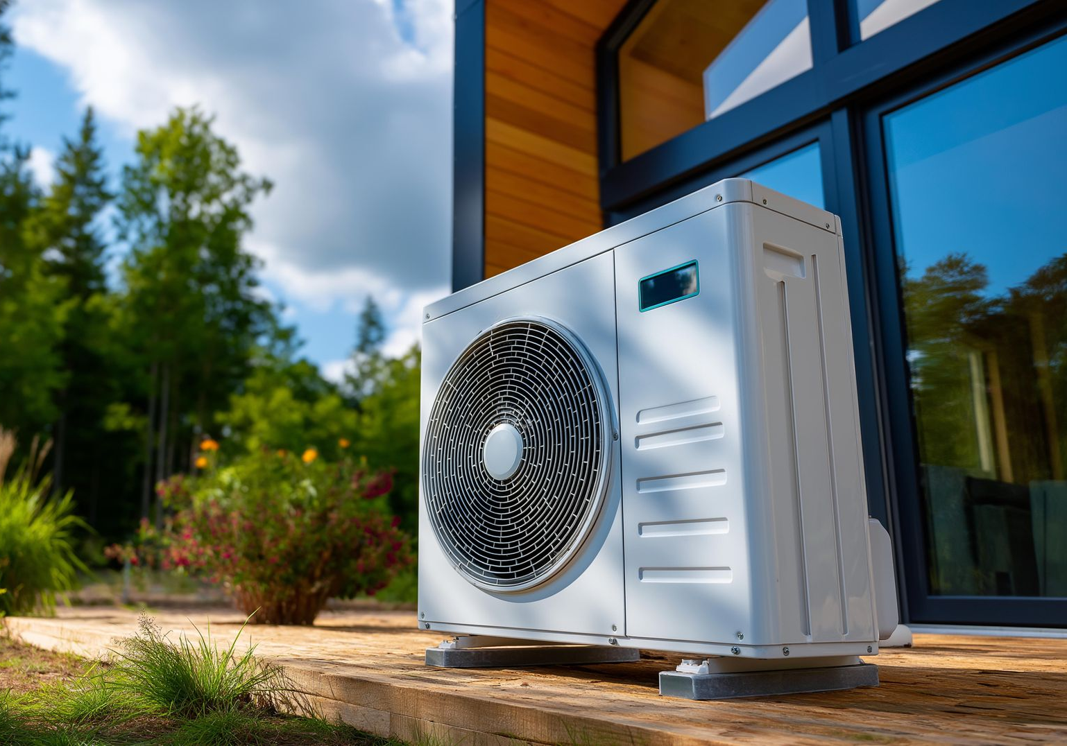 Une pompe à chaleur extérieure blanche est installée sur une terrasse à côté d'un bâtiment moderne aux portes vitrées, entourée d'arbres verdoyants.