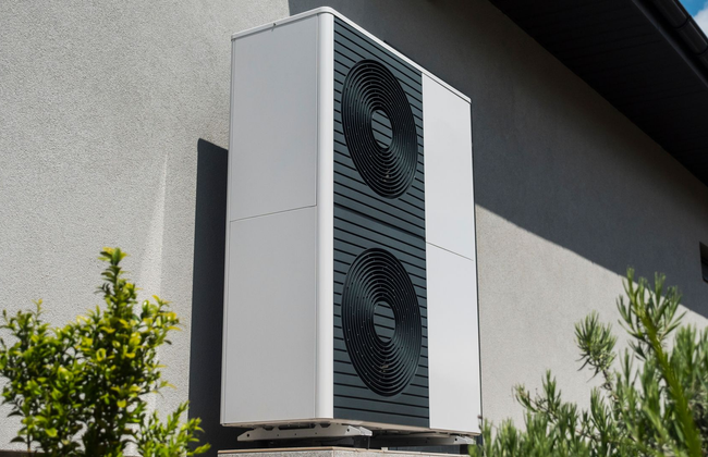 Une grande unité de pompe à chaleur extérieure, blanche et gris foncé, montée sur un mur extérieur clair à côté de buissons verts.