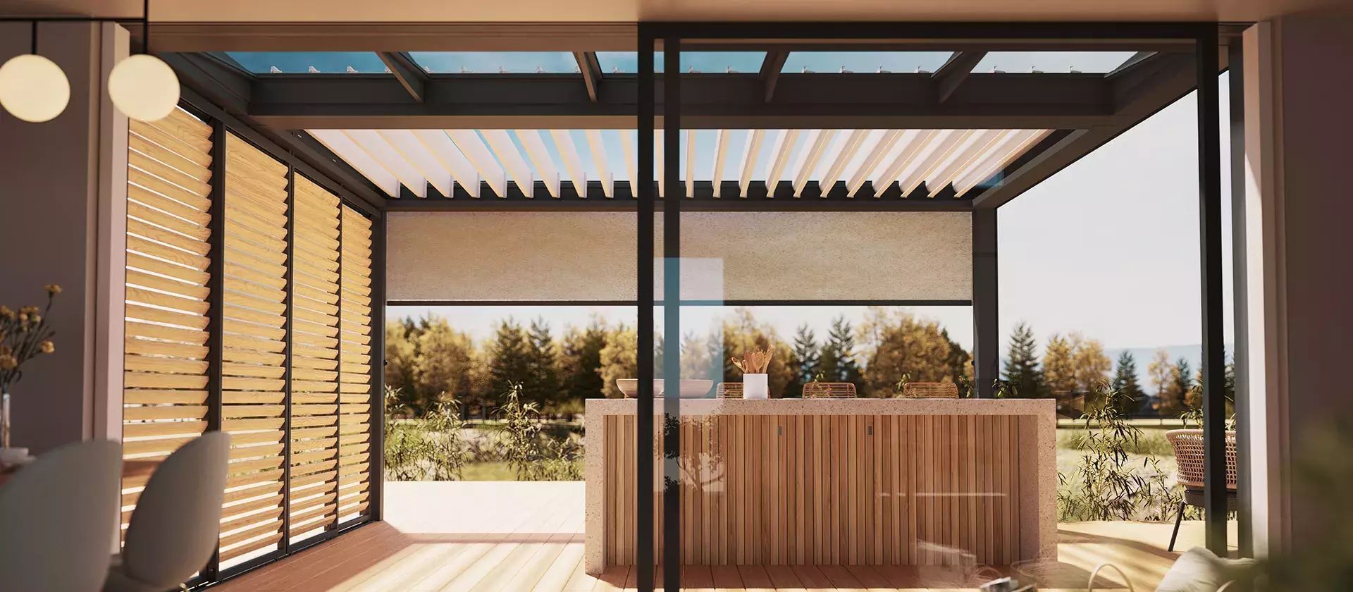 Pergola sur la terrasse, vue de l'intérieur de la maison