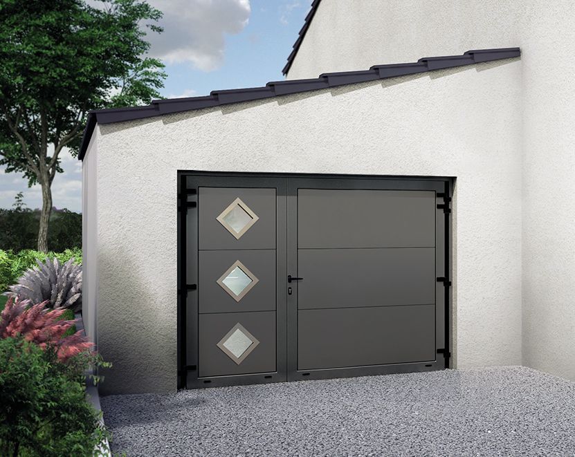 Porte de garage deux vantaux inégaux avec hublot losange 