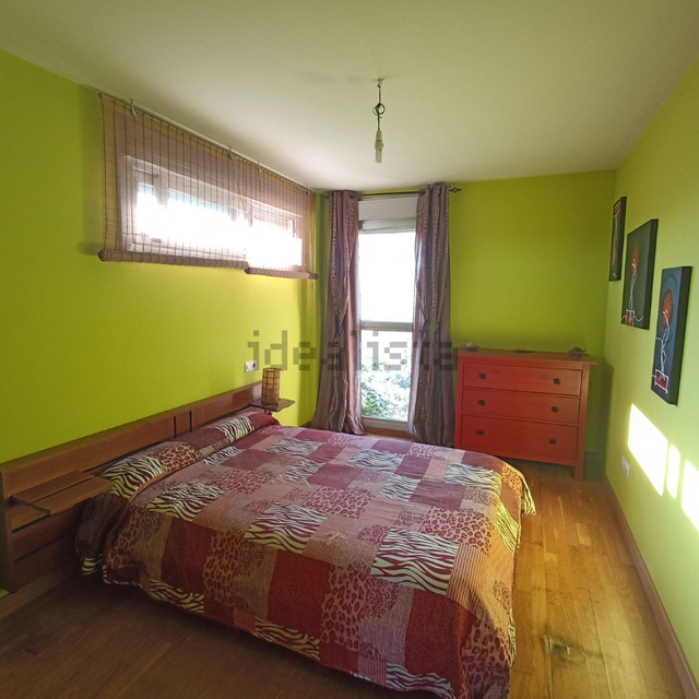 Un dormitorio con paredes verdes y una cama con un edredón rojo.