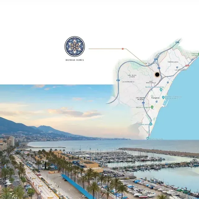 Una vista aérea de un puerto deportivo con un mapa que muestra la ubicación.