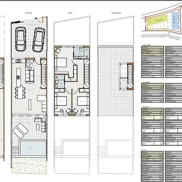 Un conjunto de planos de una casa con piscina.