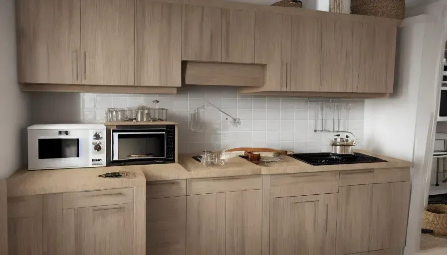 Una cocina con gabinetes de madera, un microondas y una estufa.