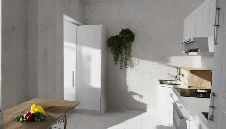 Una cocina con gabinetes blancos y una mesa con fruta encima.