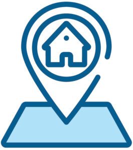 Blaue Standortmarkierung mit einem Haussymbol über einem Kartenmarkierungssockel