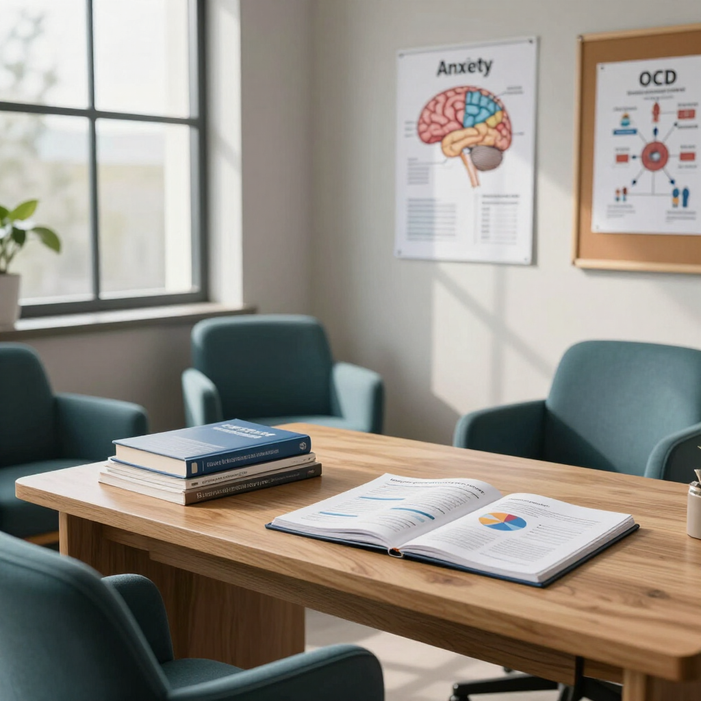 Sala de espera moderna con sillas color turquesa, mesa de madera, libros y carteles sobre salud mental en la pared.