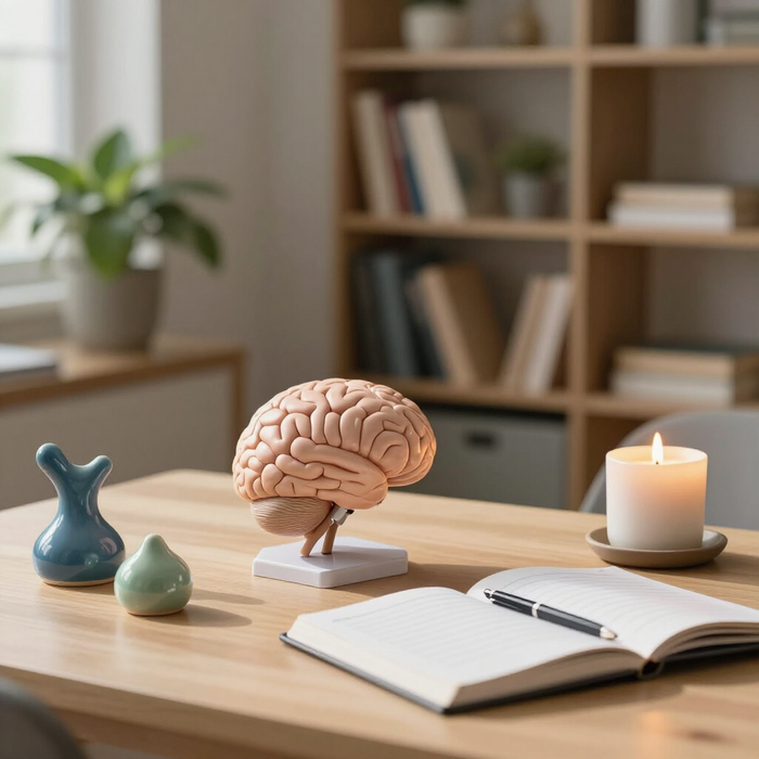 Escritorio con una maqueta de un cerebro, un cuaderno abierto, una vela y pequeños elementos decorativos.