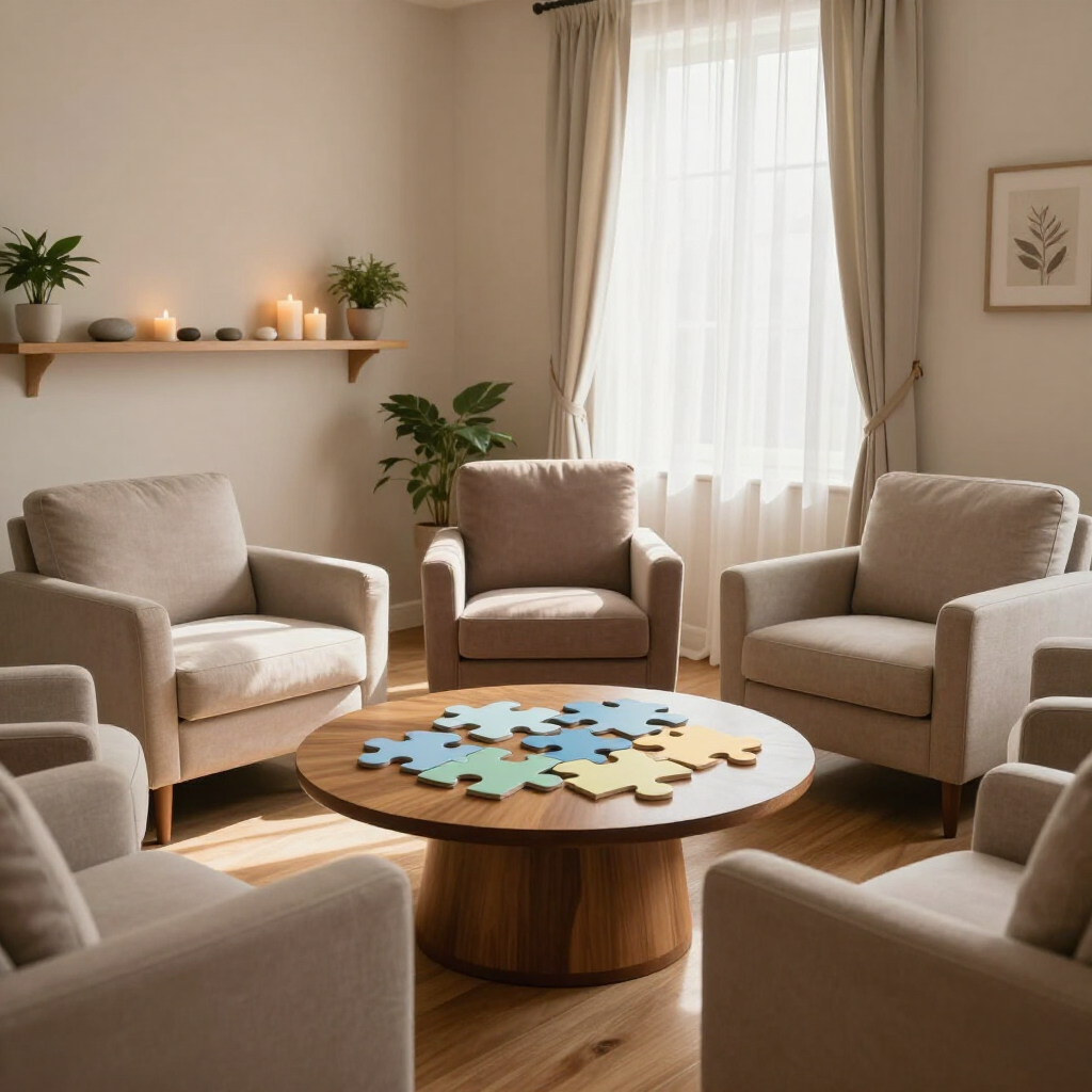Acogedora sala de estar de color beige con cuatro sillones, una mesa redonda de madera, piezas de rompecabezas.